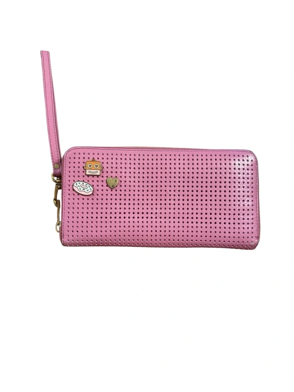 Fossil Perforated Pink Wristlet Clutch with Charm Accents